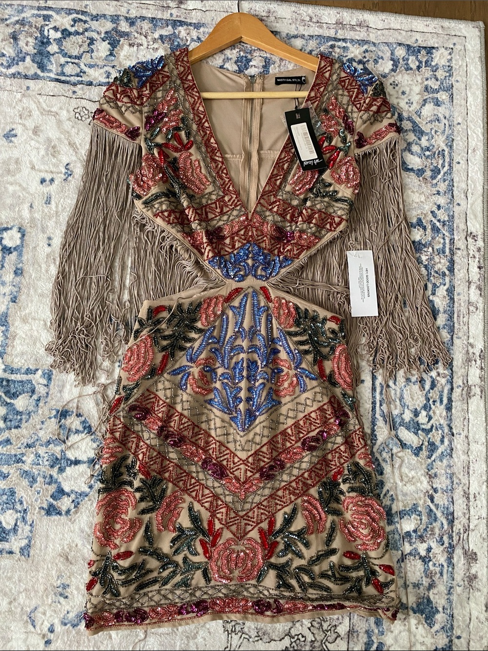 NWT Nasty Nude Gal Cut Out Mini Beaded Fringe V-Neck Dress